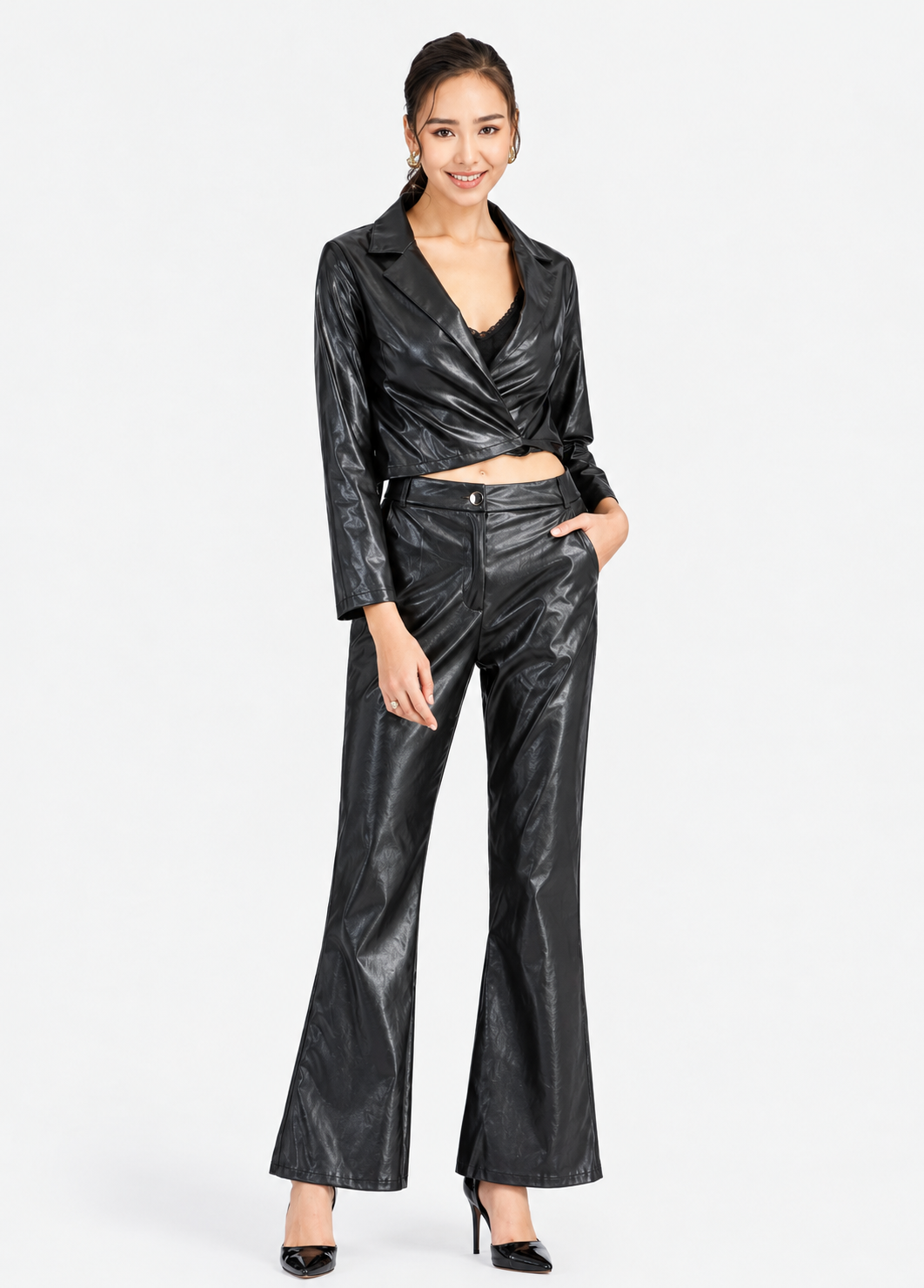 Women's Black PU Leather Wrap Jacket & Flare Pants 2-Piece Set