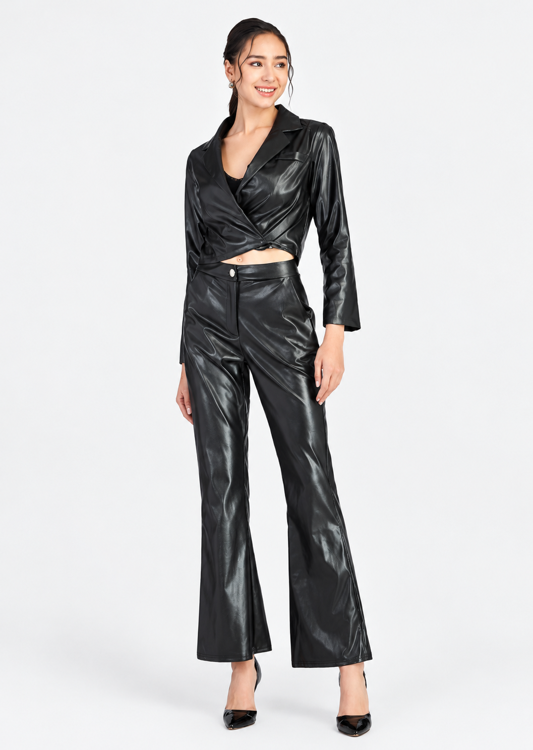 Women's Black PU Leather Wrap Jacket & Flare Pants 2-Piece Set