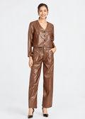 Women's Brown PU Leather V-Neck Jacket & Long Pants 2-Piece Set