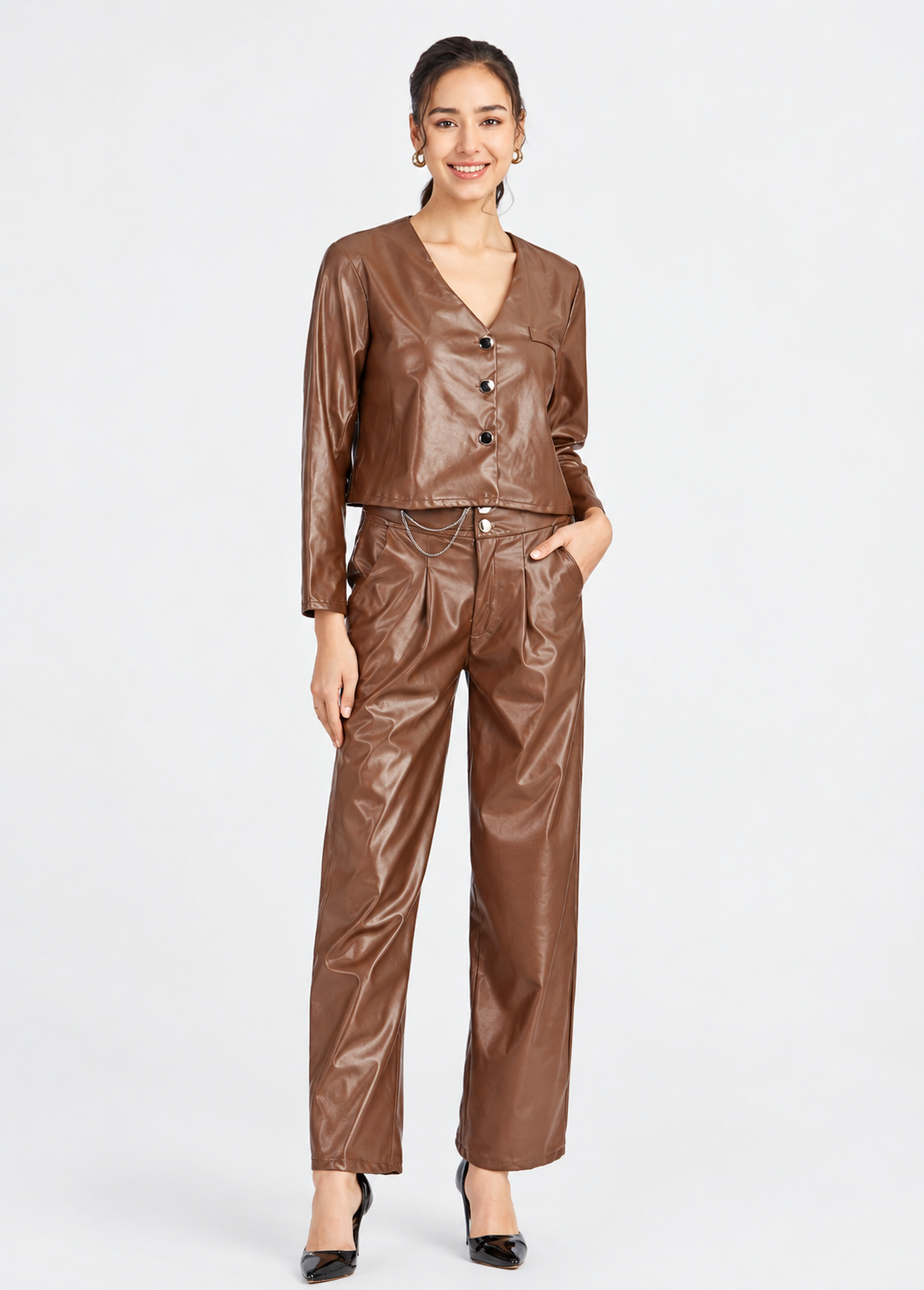 Women's Brown PU Leather V-Neck Jacket & Long Pants 2-Piece Set