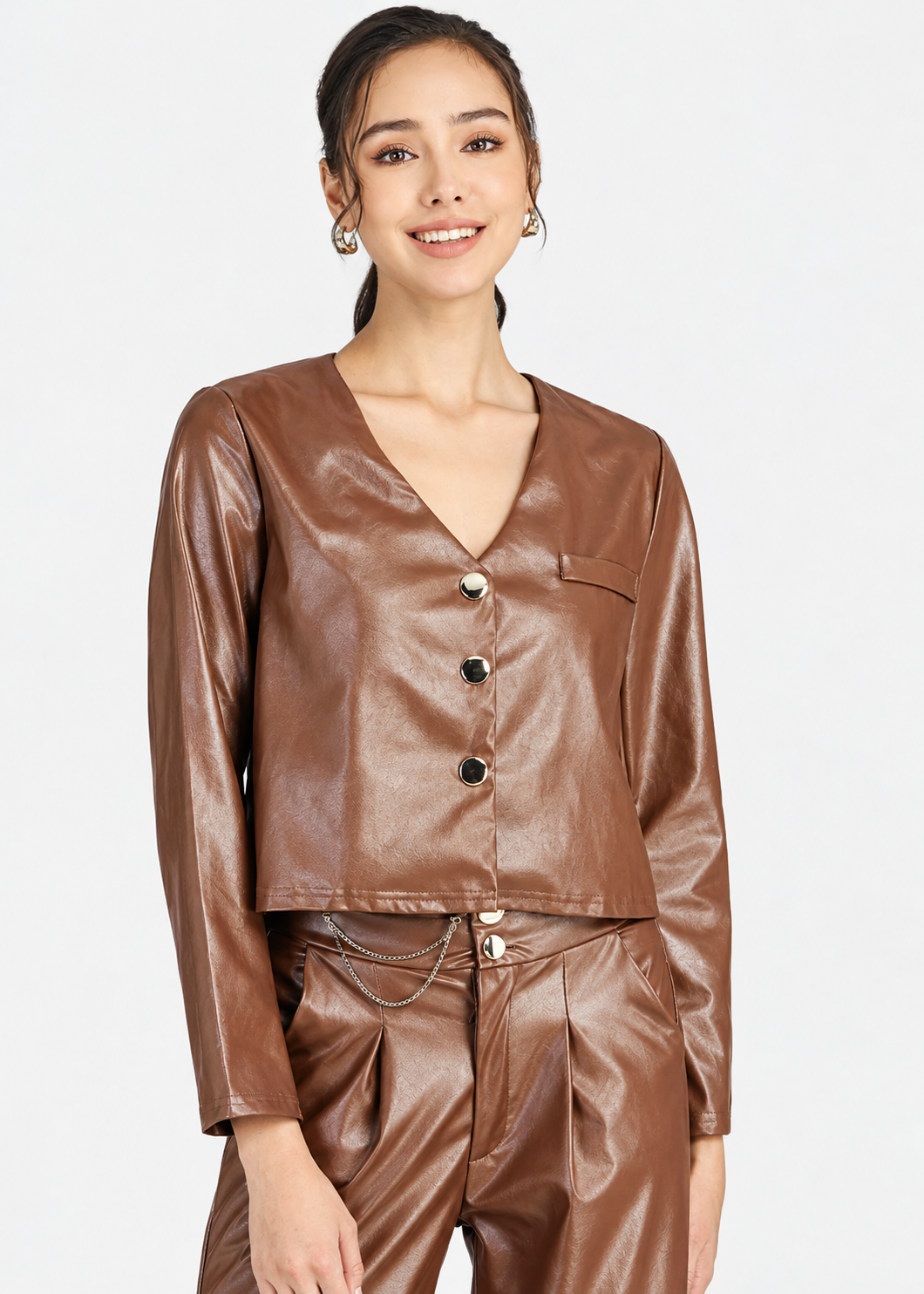 Women's Brown PU Leather V-Neck Jacket & Long Pants 2-Piece Set