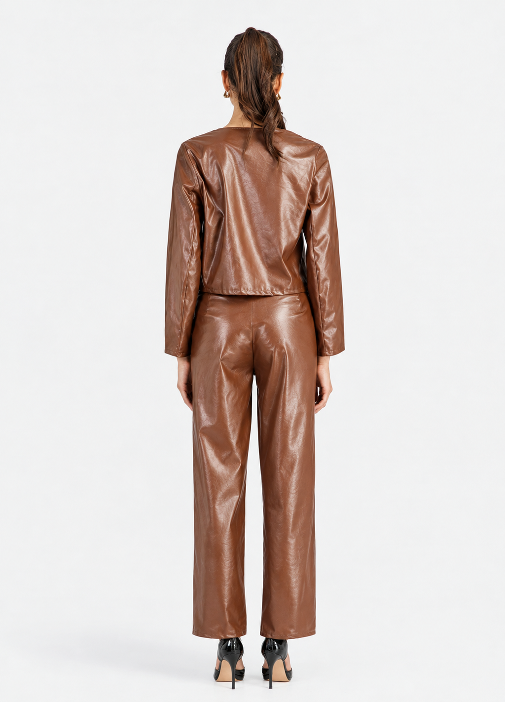 Women's Brown PU Leather V-Neck Jacket & Long Pants 2-Piece Set