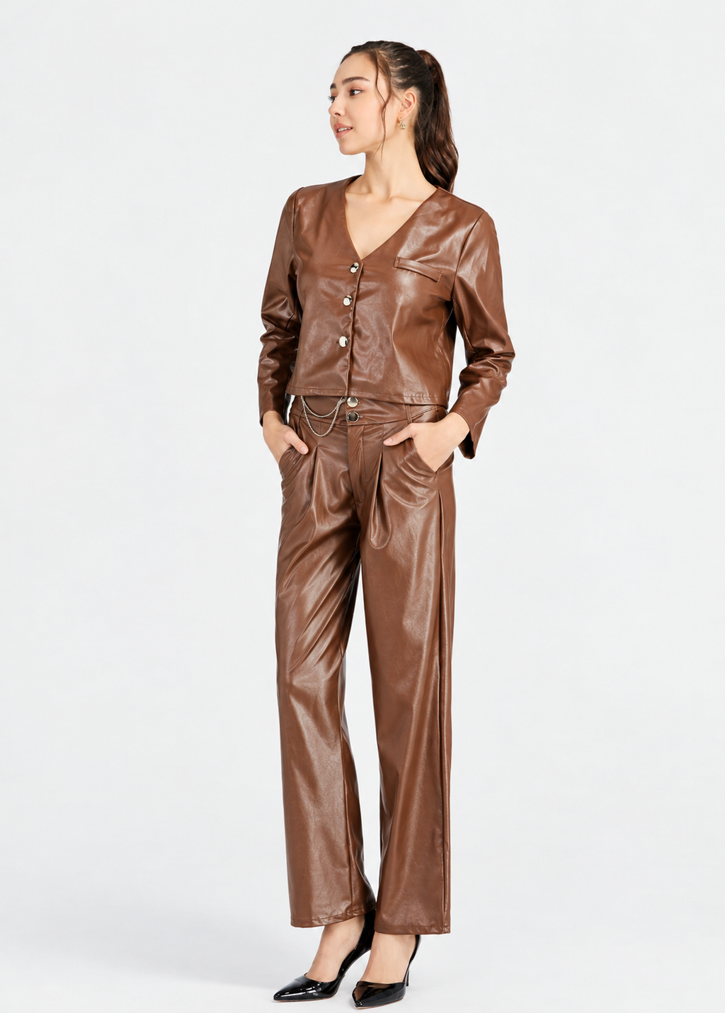 Women's Brown PU Leather V-Neck Jacket & Long Pants 2-Piece Set