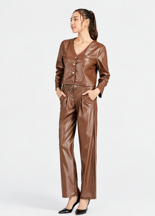 Women's Brown PU Leather V-Neck Jacket & Long Pants 2-Piece Set