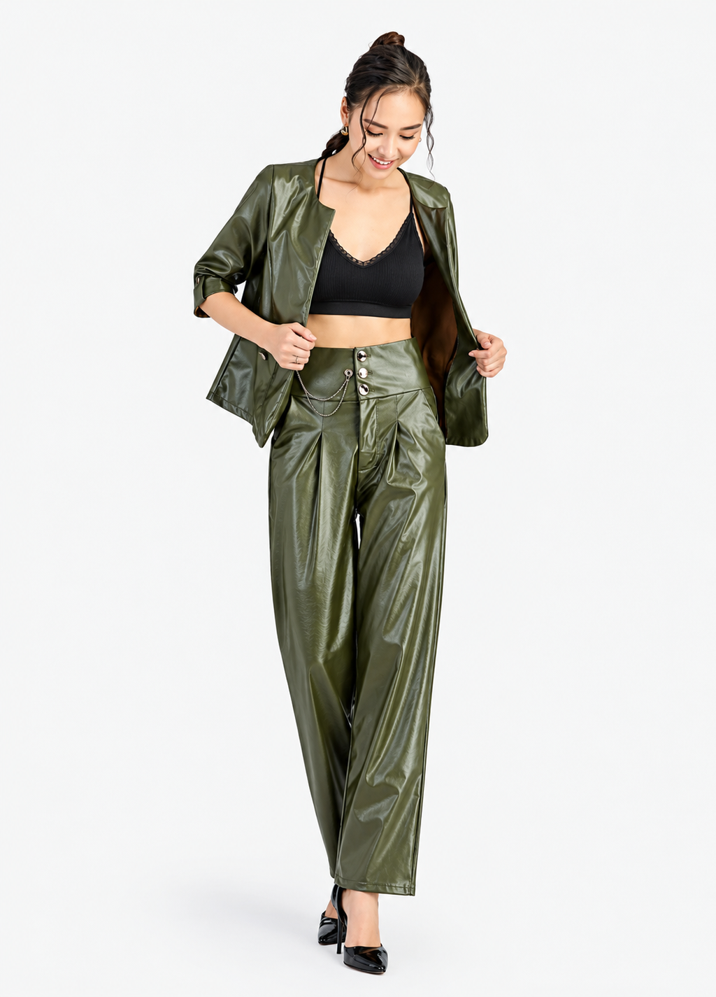 Women's Green PU Leather 2-Piece Set