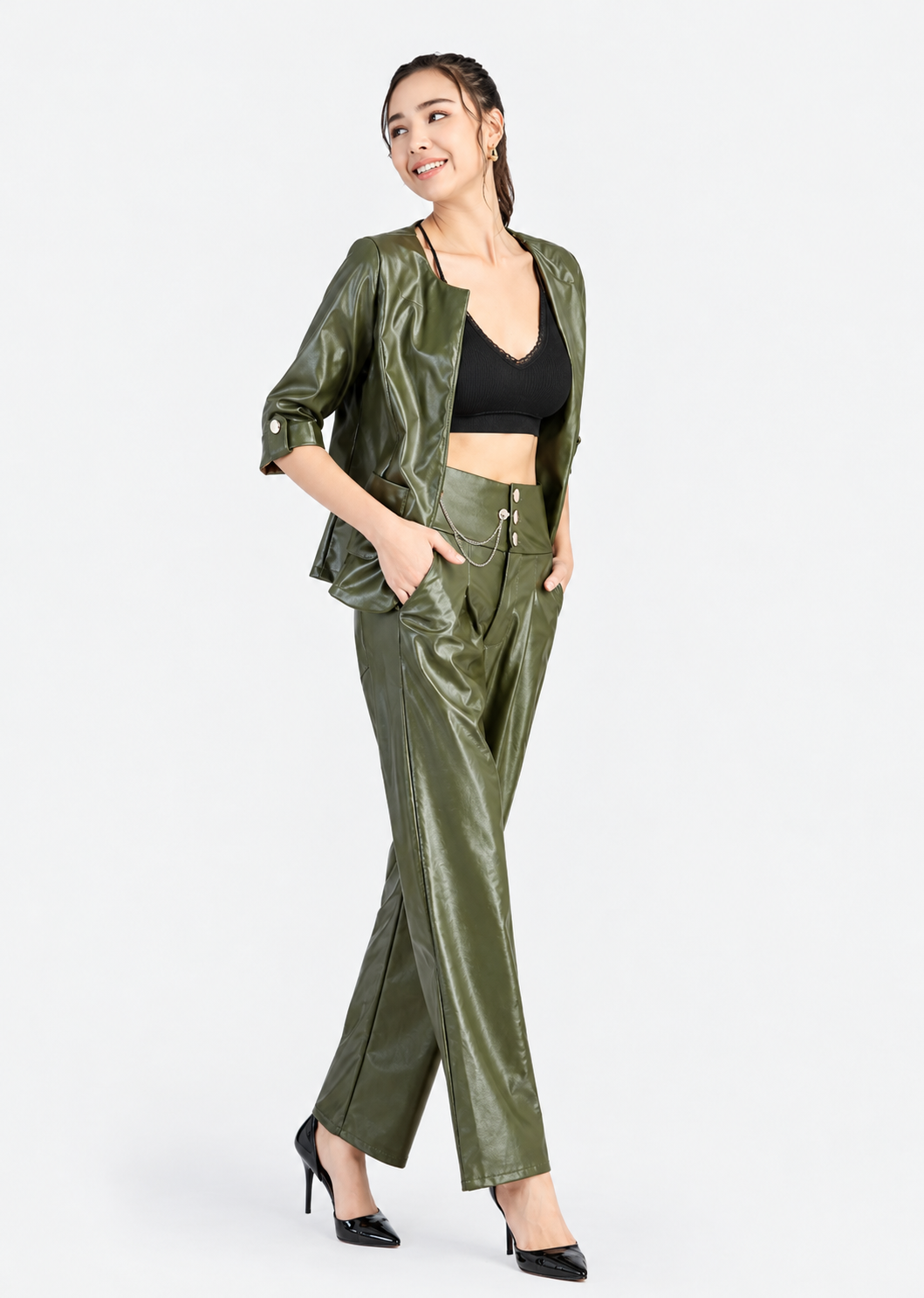 Women's Green PU Leather 2-Piece Set