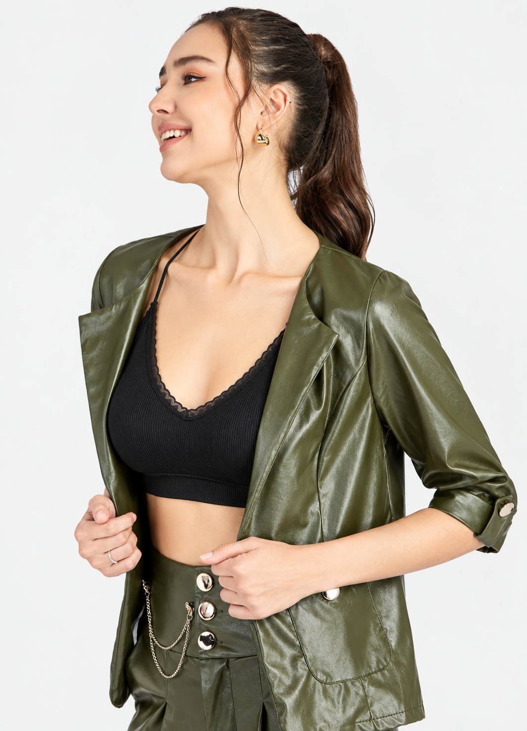 Women's Green PU Leather 2-Piece Set