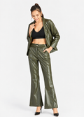 Women's Green PU Leather Jacket & Long Pants 2-Piece Set