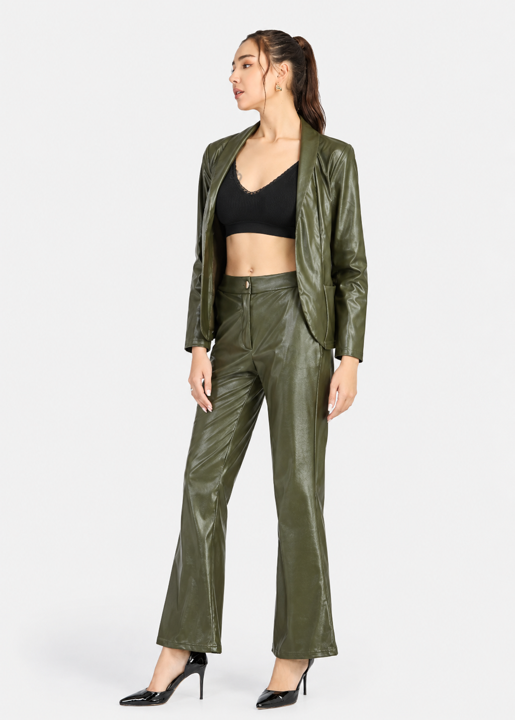 Women's Green PU Leather Jacket & Long Pants 2-Piece Set