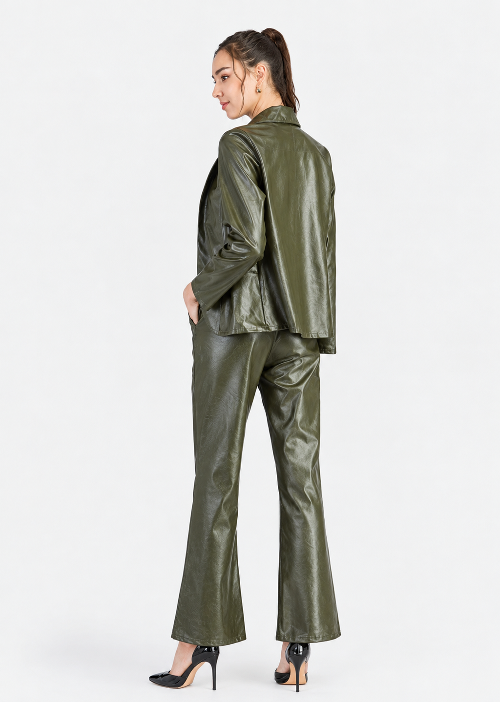 Women's Green PU Leather Jacket & Long Pants 2-Piece Set