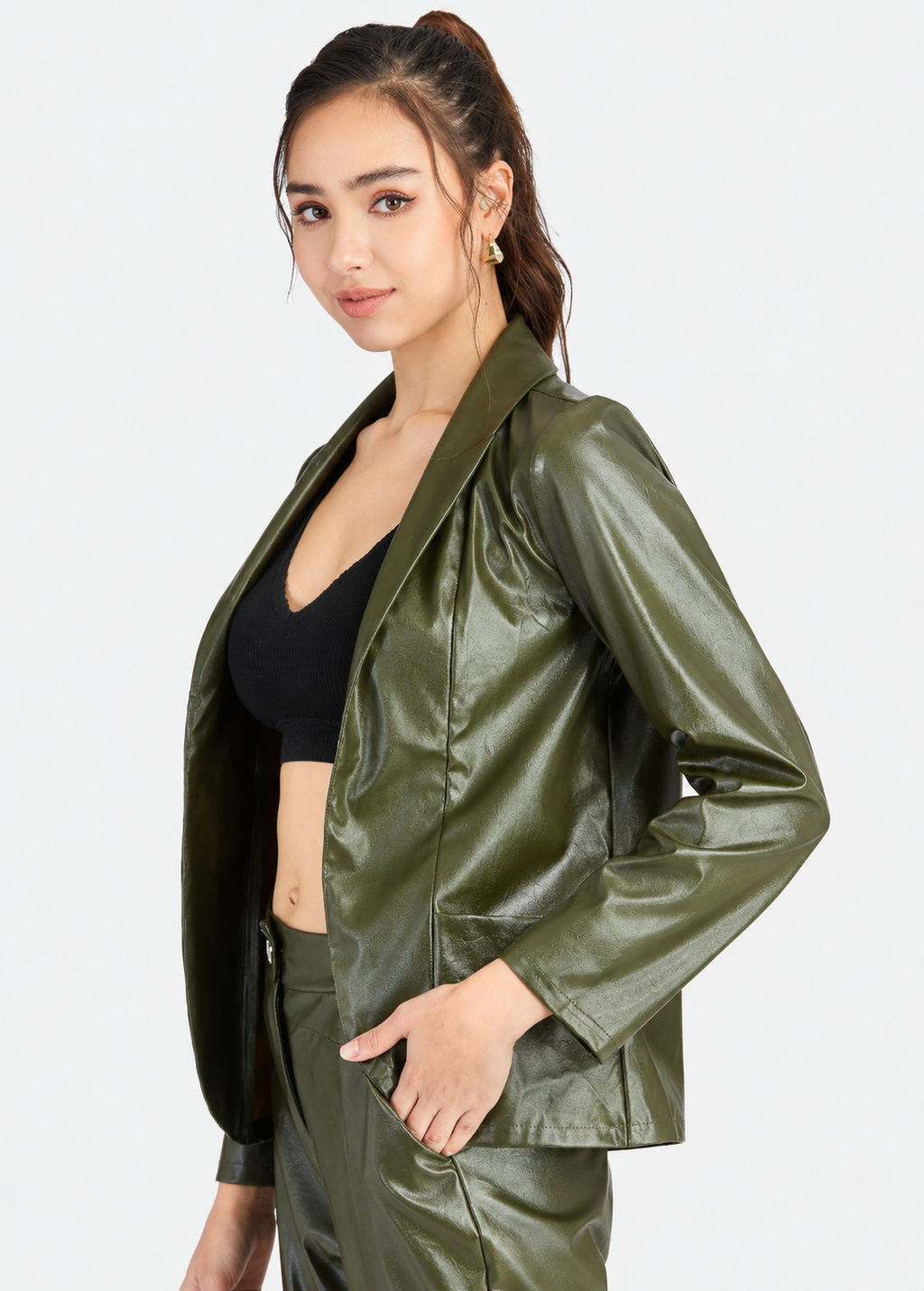 Women's Green PU Leather Jacket & Long Pants 2-Piece Set