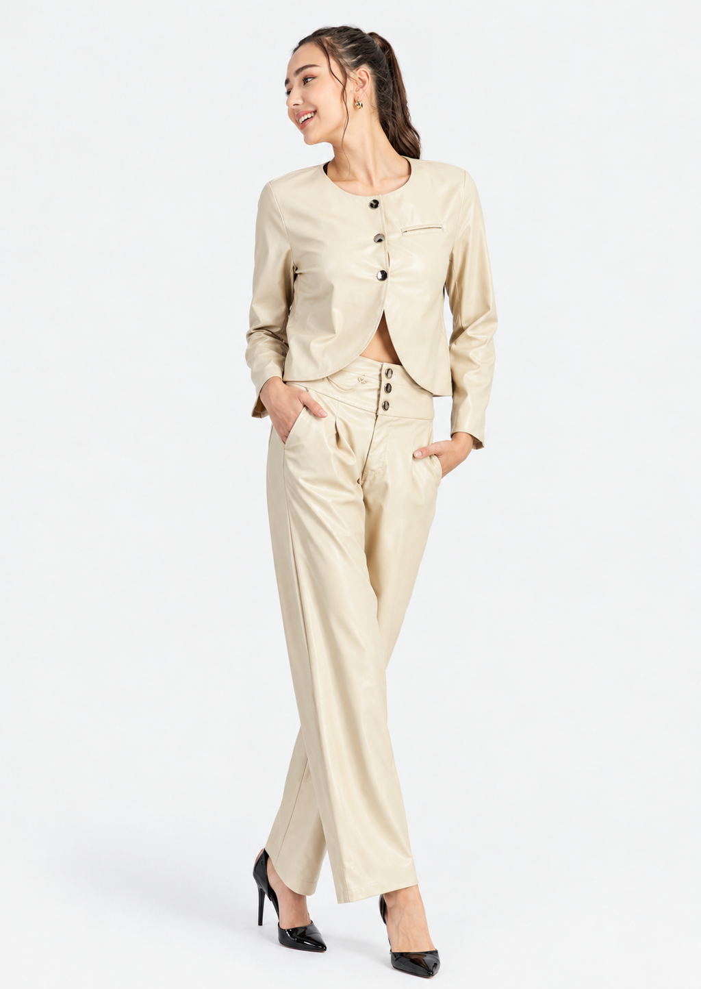 Women's Khaki PU Leather Button-Front Jacket & Long Pants 2-Piece Set