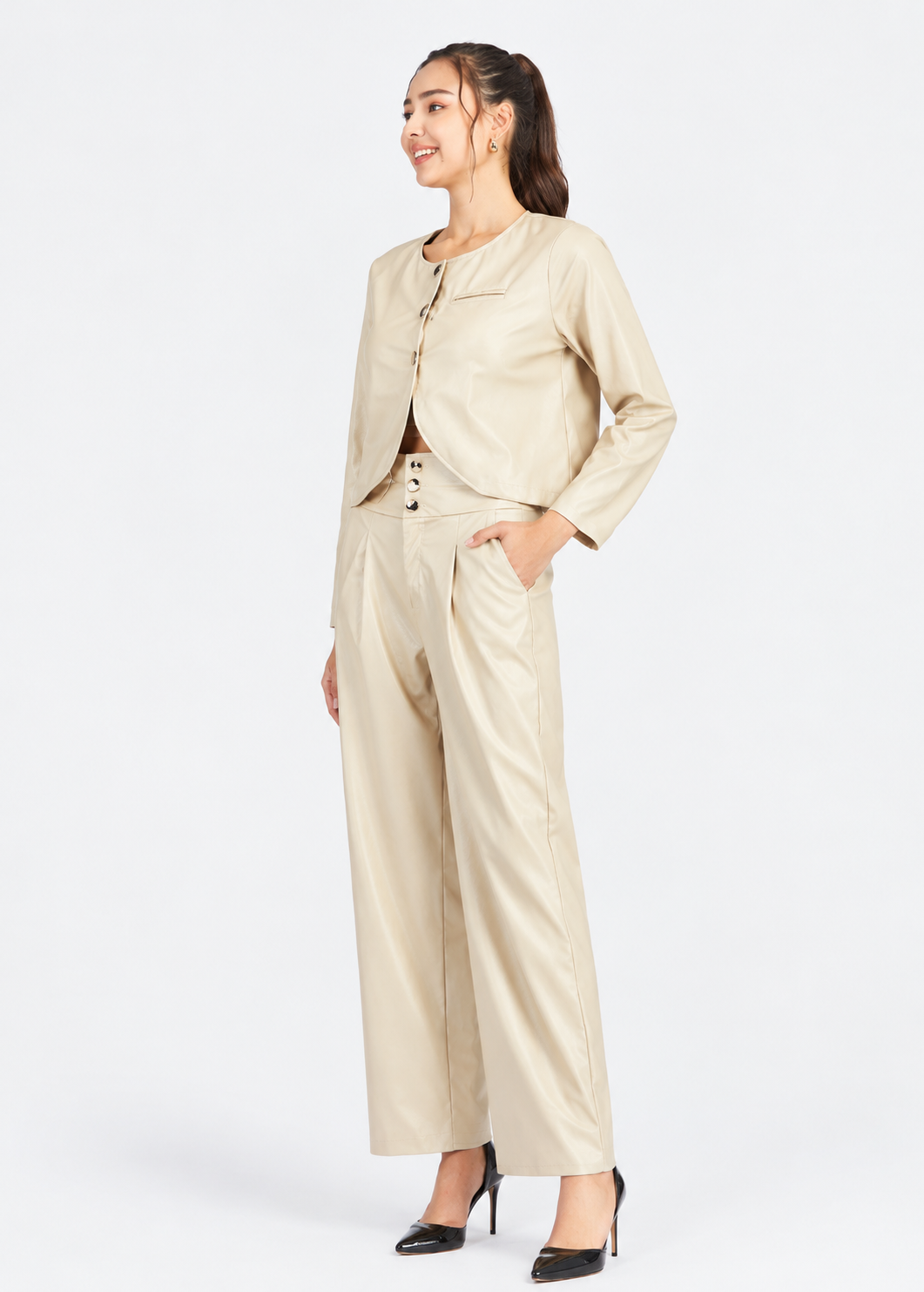 Women's Khaki PU Leather Button-Front Jacket & Long Pants 2-Piece Set