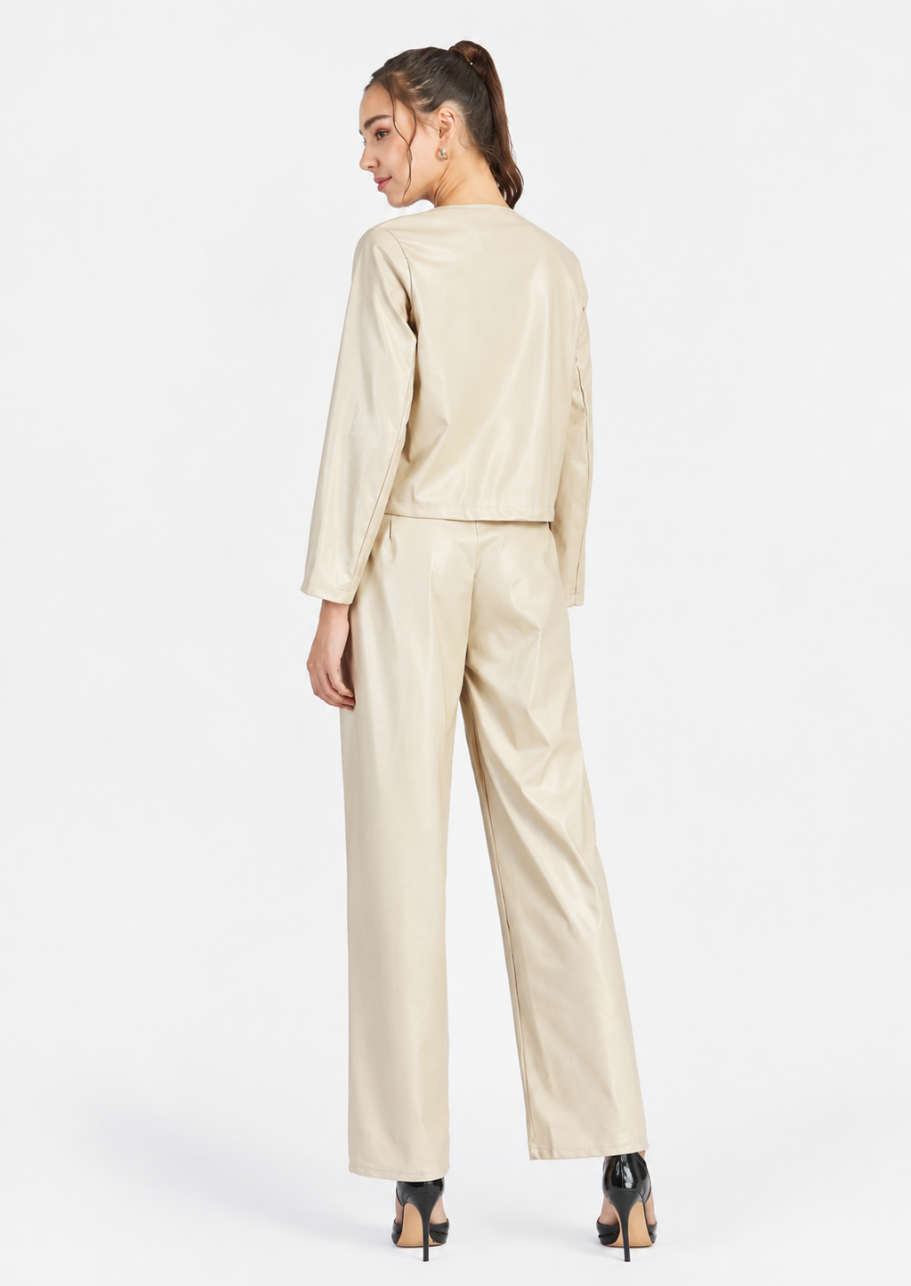 Women's Khaki PU Leather Button-Front Jacket & Long Pants 2-Piece Set